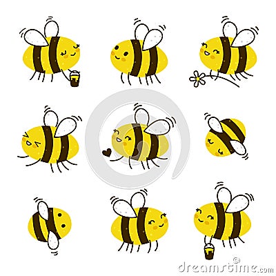 Set of kawaii honey bees Vector Illustration