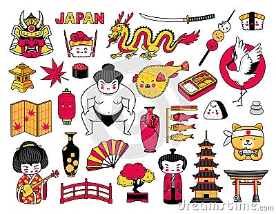 Set of kawaii japanese cartoon stickers. Geisha, sushi, pagoda sumo wrestler, bonsai, puffer fish and dragon. Vector Vector Illustration