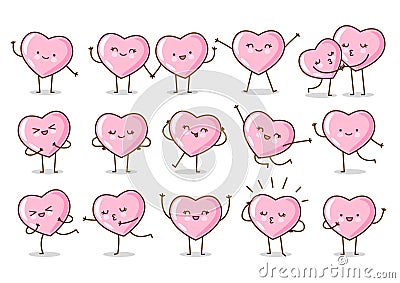 Set of kawaii pink hearts isolated on white background Vector characters for Valentines day cute design Vector Illustration
