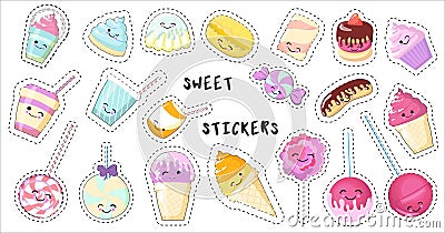 Set of kawaii sticker or patch with food - sweets or desserts, cute isolated characters on white backgriund. Donut, cake, candy, Cartoon Illustration