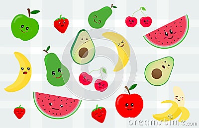 Set of kawaii sticker or patch with fruits food - cherry fruit, apple, pear, banana, watermelon, avocado . Isolated elements on wh Vector Illustration