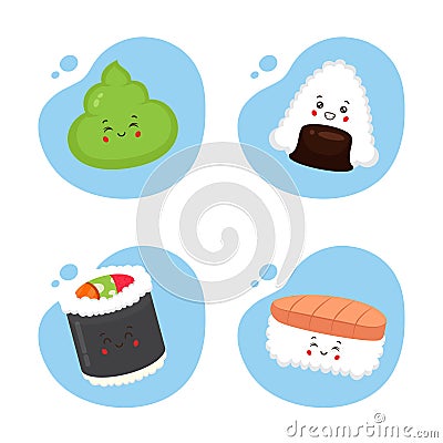 Set of 4 Kawaii Sushi Vector Illustration