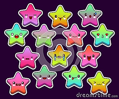Set of kawaii twinkle stars neon colors. Collection of cute stars emoji with different face emotions. Vector Vector Illustration