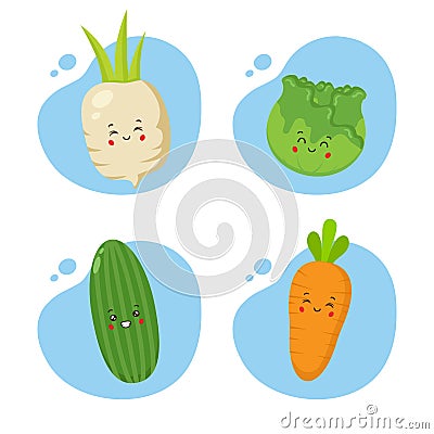 Set of 4 Kawaii Vegetables Vector Illustration