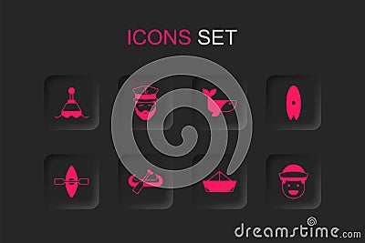 Set Kayak and paddle, Captain of ship, Floating buoy, Folded paper boat, Surfboard, Sailor, Whale and icon. Vector Vector Illustration