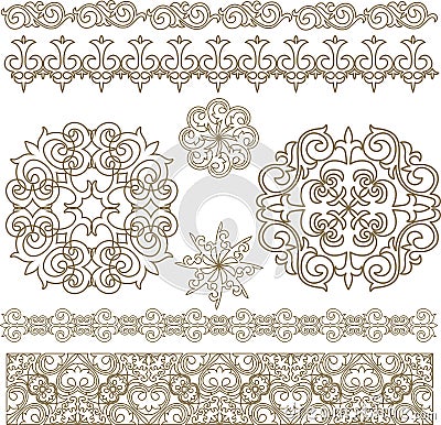 Set Kazakh Asian ornaments and patterns. Vector Illustration