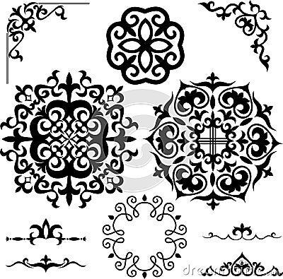 Set Kazakh Asian ornaments and patterns Vector Illustration