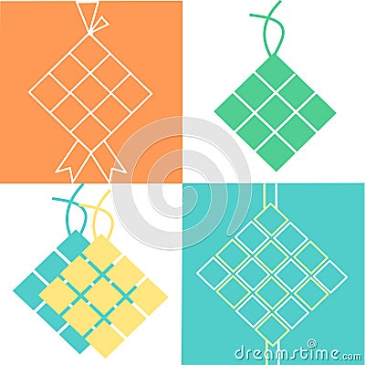 Set of ketupat icons in 4 different design on the green, orange and white background. Vector illustration. ketupat dumplings ready Vector Illustration