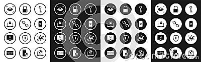 Set Key, Chain link, Laptop and lock, Eye scan, Smartphone with fingerprint scanner, Safe combination, and Lock computer Vector Illustration