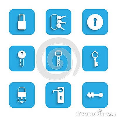 Set Key, Door handle, Old key, broke inside of padlock, Undefined, Keyhole and Lock icon. Vector Vector Illustration