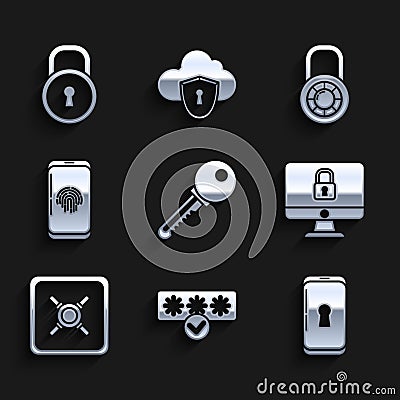 Set Key, Password protection and safety access, Smartphone with lock, Lock computer monitor screen, Safe, fingerprint Vector Illustration