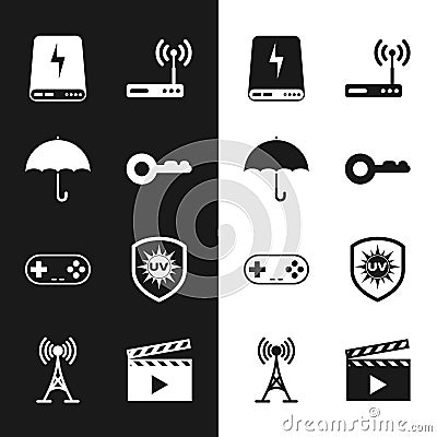 Set Key, Umbrella, Power bank, Router and wi-fi, Gamepad and UV protection icon. Vector Vector Illustration