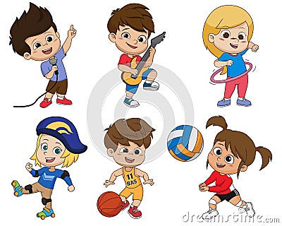 Set of kid activity,kid sings a song,playing a guitar,playing hula hoop,playing roller skates,playing a basketball,playing volley Vector Illustration