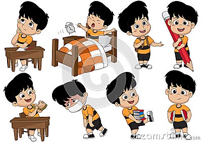 Set of kid activity,kid think,wake up,holding a big pencil,eat s Vector Illustration