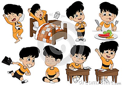 Set of kid activity, kid wake up, sleep, eat, go to school, learning Vector Illustration