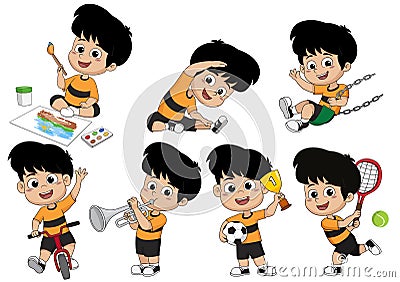 Set of kid activity,kid painting a picture,doing an exercise,playing a tennis,riding a bicycle,playing a trumpet, playing a swing, Vector Illustration