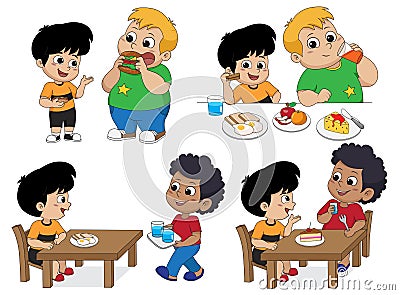 Set of Kid eating delicious food with friends.Vector Vector Illustration