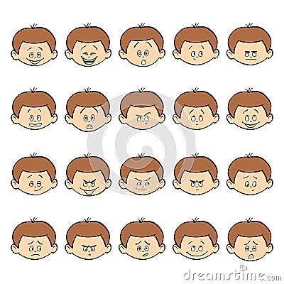 Set of kid facial emotions. Dark hair boy face with different expressions. Vector Illustration