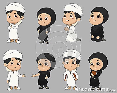 Set of kid muslim people doing activities.vector and illustration. Vector Illustration