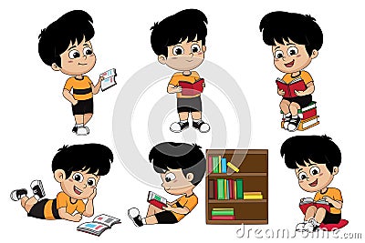 Set of kid reading a book. Vector Illustration