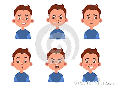 Set of kid`s emotions. Facial expression. Cartoon boy avatar. Vector illustration of cartoon child character Cartoon Illustration