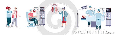 Set of kidney failure with doctors and patients, vector illustration isolated. Vector Illustration