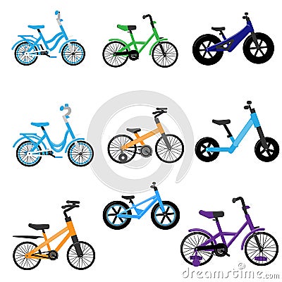 Set of kids bikes. Bicycles for children, for boys. Icons, vector, flat design Vector Illustration