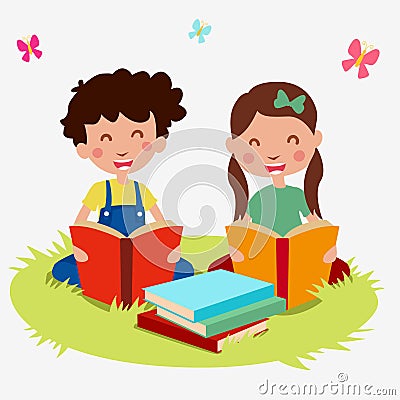 Set kids cartoon read book Vector Illustration