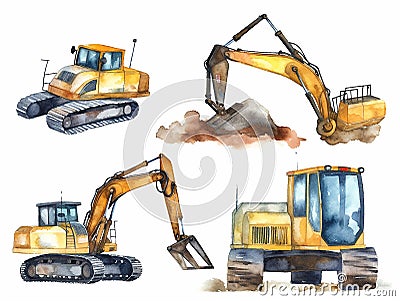 set of kids construction tools ,machines, white background , cement mixer, crane, tractor, caterpillar, bulldozer, created with ai Stock Photo