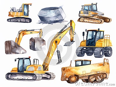 set of kids construction tools ,machines, white background , cement mixer, crane, tractor, caterpillar, bulldozer, created with ai Stock Photo