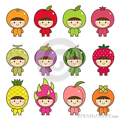 Set of kids in cute fruits costumes Vector Illustration