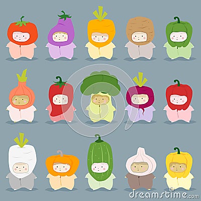 Set of kids in cute vegetable costumes Vector Illustration