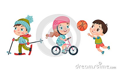 Set of kids doing sport. Happy little children skiing, playing basketball and cycling cartoon vector illustration Vector Illustration