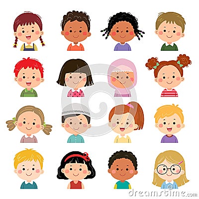 Set of kids faces, avatars, children heads different nationality in flat style Vector Illustration