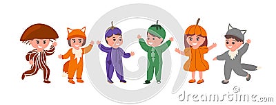 Set of kids in funny animal or vegetable costumes isolated flat vector illustration. Happy children celebrating Cartoon Illustration