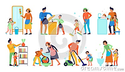 Cleaning Kids Helping Parents Set Vector Illustration