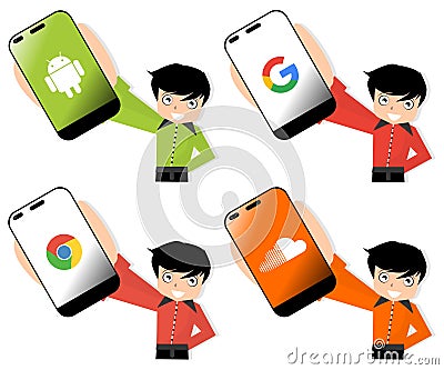 Boy with smartphone with various icons, internet, isolated. Editorial Stock Photo