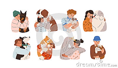 Set of kids hugging big and little dogs. Love and friendship between child and pet. Happy people embracing cute canine Vector Illustration