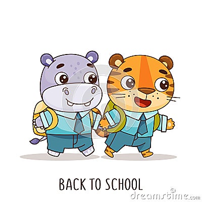 Set of kids kawaii tropical animals hold hands and go to school. Hippo and tiger Vector Illustration