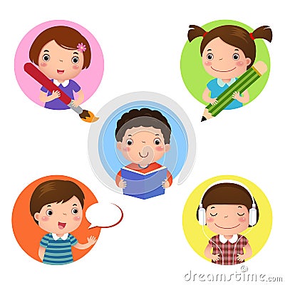 Set of kids mascot learning. Icon for writing, drawing, reading, Vector Illustration