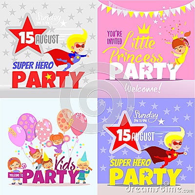 Set with kids party invitation design concepts. Vector Illustration