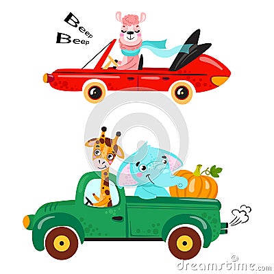 Set of kids transport with llama, giraffe, elephant and pumpkin. Vector Illustration