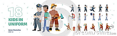 Set kids in uniform fire fighter, police, doctor Cartoon Illustration