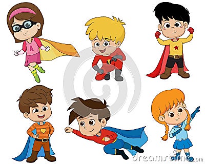 Set of kids wearing superhero costumes with different pose.vector and illustration. Vector Illustration