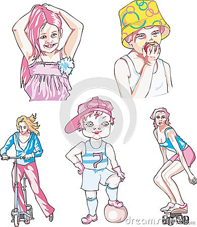 Set of kids and young teen ladies Vector Illustration