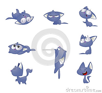 Set of kind funky cats, isolated on white. Vector Illustration