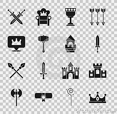 Set King crown, Castle, fortress, Medieval sword, goblet, Hammer, Location king, Crossed medieval and tower icon. Vector Vector Illustration