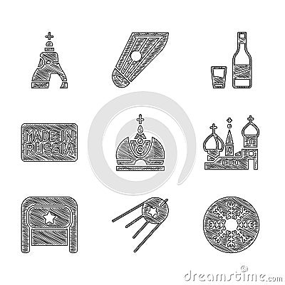 Set King crown, Satellite, Snowflake, Saint Basil's Cathedral, Ushanka, Made Russia, Bottle of vodka with glass and The Vector Illustration