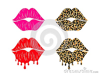 Set of kissing lips with leopard print isolated on a white background for poster or banner. Vector illustration Vector Illustration