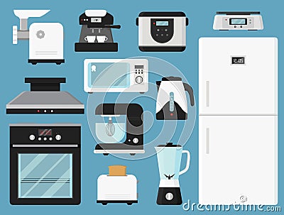 Set of kitchen appliances. Various household equipment. Electronic devices. Modern technology theme. Isolated flat vector icons Vector Illustration